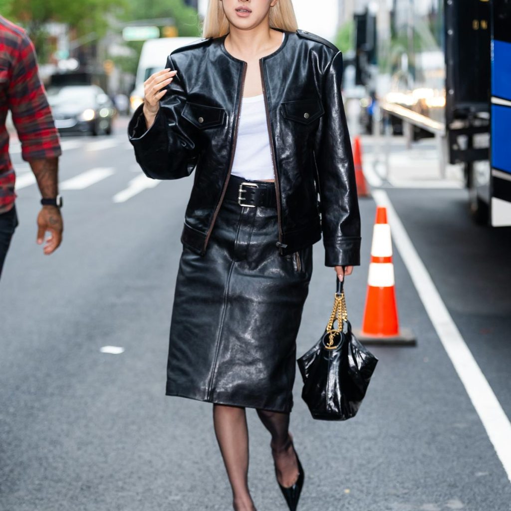 Rosé Takes New York in a Full Leather Skirt Suit