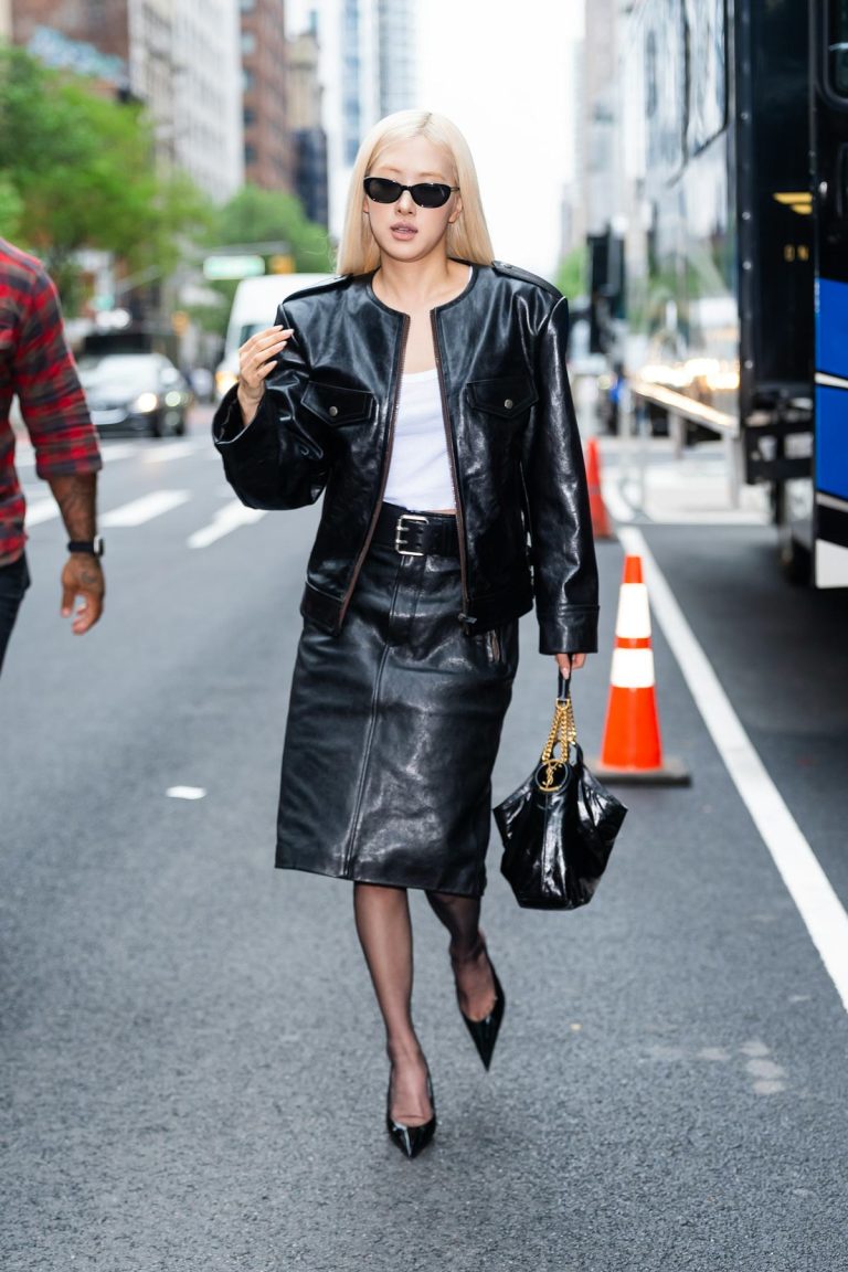 Rosé Takes New York in a Full Leather Skirt Suit